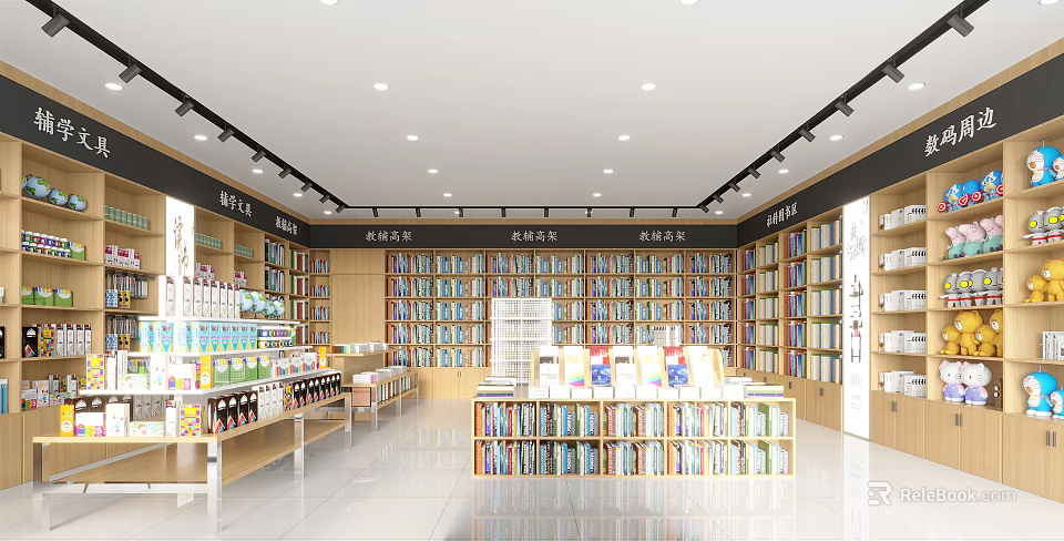 Well Organized Bookstore Interior With Rows Of Bookshelves And Various Books 3d model 