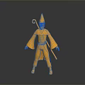 Golden Woman Doll Wearing Pointed Hat Holding Staff In Robe On Black Background