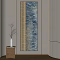 Modern Minimalist Interior Decor With Blue Beige Textured Artwork And Vase On Wooden Table 3d model