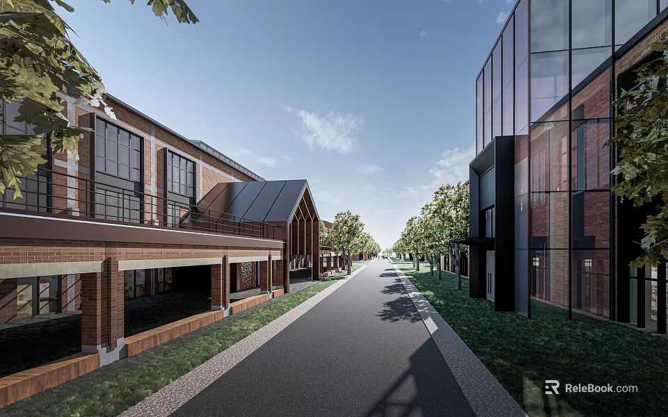 Modern Industrial Factory Area With Red Brick Buildings Glass Curtain Walls And Tree-Lined Roadway 3d model 