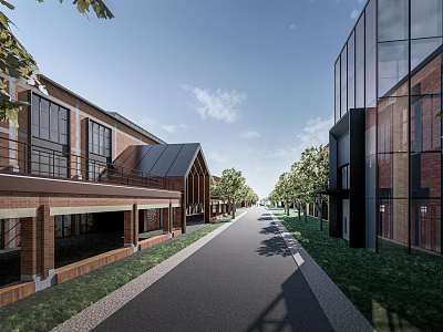 Modern Industrial Factory Area With Red Brick Buildings Glass Curtain Walls And Tree-Lined Roadway 3d model