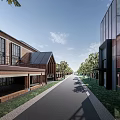 Modern Industrial Factory Area With Red Brick Buildings Glass Curtain Walls And Tree-Lined Roadway
