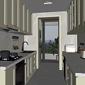 Modern Kitchen Interior with Light Cabinets Marble Countertops Gas Stove Glass Door and Greenery
