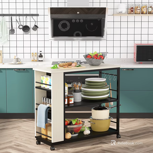 Practical Multi Tiered Kitchen Storage Rack With Dishes Pots And Fruits In Modern Kitchen 3d model 