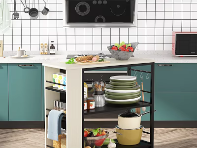 Practical Multi Tiered Kitchen Storage Rack With Dishes Pots And Fruits In Modern Kitchen 3d model
