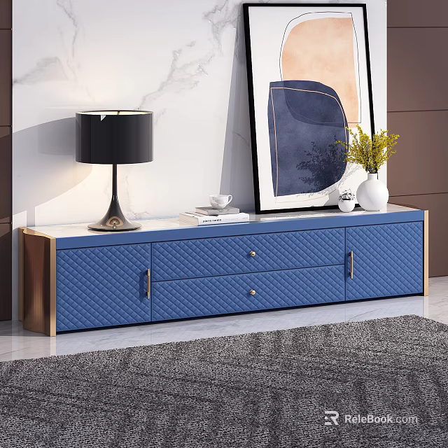 Modern Blue TV Stand With Diamond Pattern Drawers Table Lamp Abstract Painting And Marble Wall 3d model 