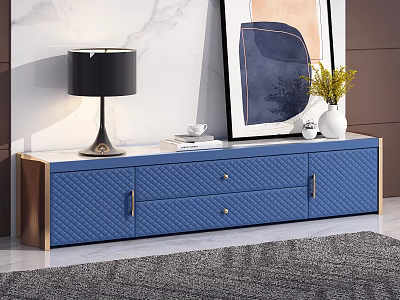 Modern Blue TV Stand With Diamond Pattern Drawers Table Lamp Abstract Painting And Marble Wall 3d model
