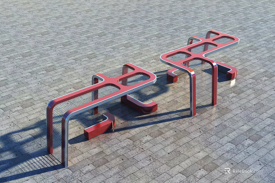 Two Red Metal Pergolas With Modern Geometric Design In Outdoor Brick Pavement Area 3d model 