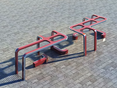 Two Red Metal Pergolas With Modern Geometric Design In Outdoor Brick Pavement Area 3d model