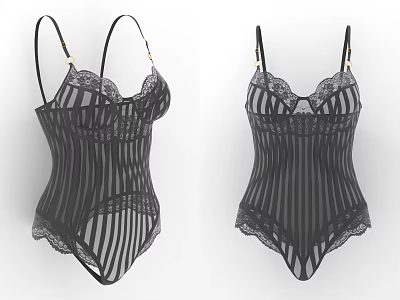 Black Striped Bodysuit Featuring Lace Trim And Adjustable Straps Fashion Style 3d model