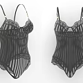 Black Striped Bodysuit Featuring Lace Trim And Adjustable Straps Fashion Style