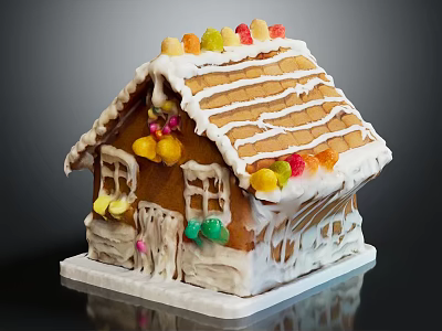 Gingerbread House Decorated with White Striped Icing and Colorful Candies on Roof and Windows 3d model