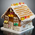 Gingerbread House Decorated with White Striped Icing and Colorful Candies on Roof and Windows