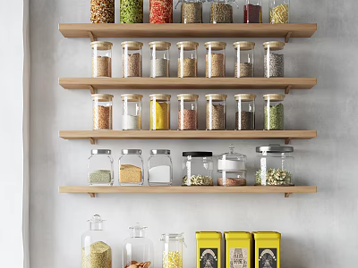 Organized Kitchen Storage With Wooden Shelves Glass Jars And Yellow Containers For Spices And Grains 3d model