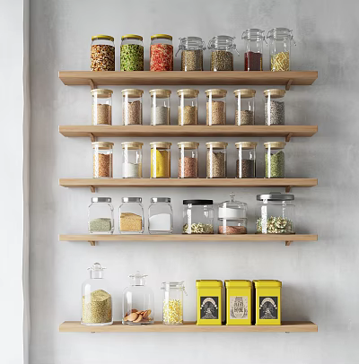 Organized Kitchen Storage With Wooden Shelves Glass Jars And Yellow Containers For Spices And Grains 3d model