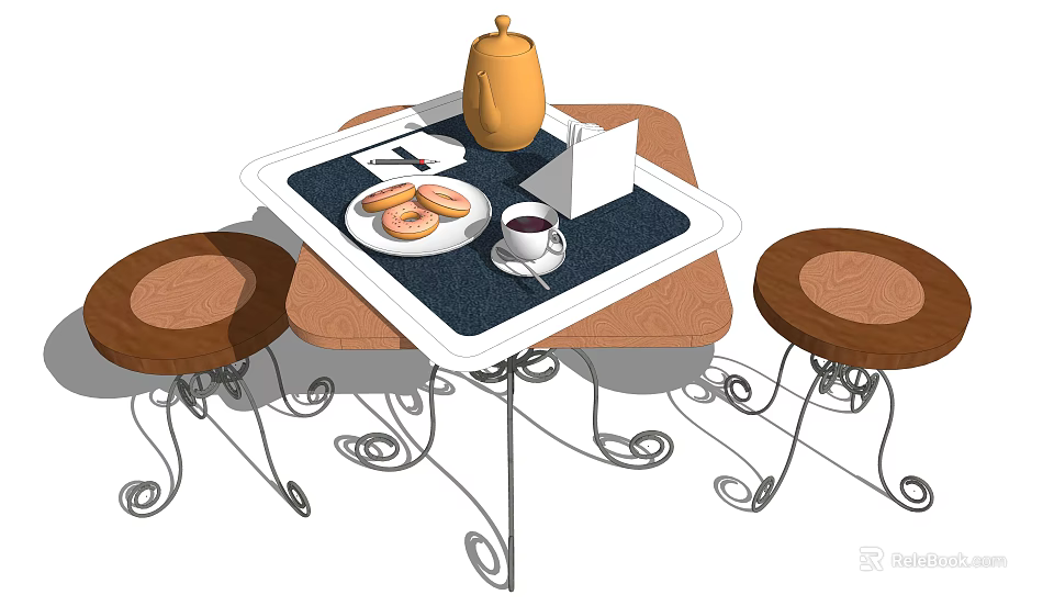 Wooden Top Dining Table Set with Metal Curved Legs and Tea Set Pastries 3d model 