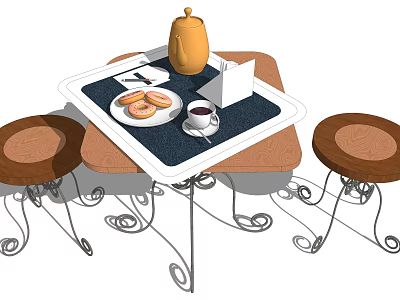 Wooden Top Dining Table Set with Metal Curved Legs and Tea Set Pastries 3d model