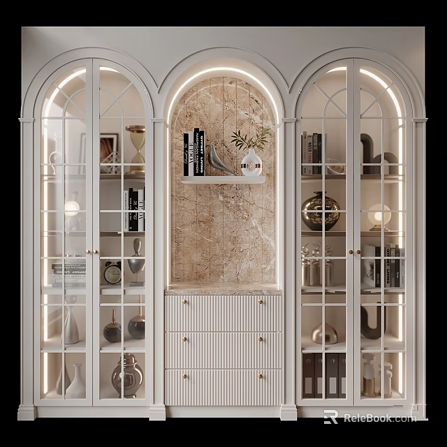 White Arched Display Cabinet With Glass Doors And Marble Background Decorative Items Books And Lighting 3d model 