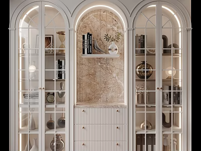White Arched Display Cabinet With Glass Doors And Marble Background Decorative Items Books And Lighting 3d model