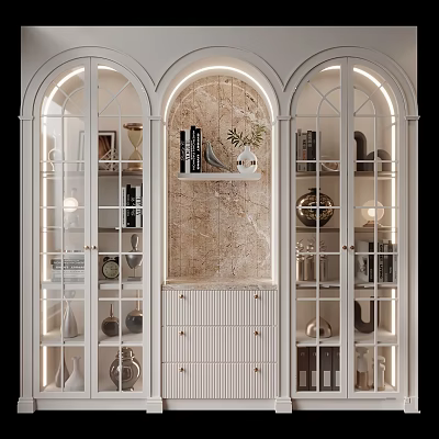 White Arched Display Cabinet With Glass Doors And Marble Background Decorative Items Books And Lighting 3d model