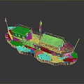 Turquoise Model Ship With Small Flag Windows And Wavy Base On Dark Background