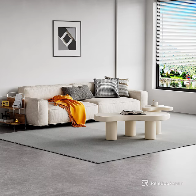 Beige Two Seater Sofa With Gray Plaid Cushions Orange Throw And White Round Coffee Tables 3d model 