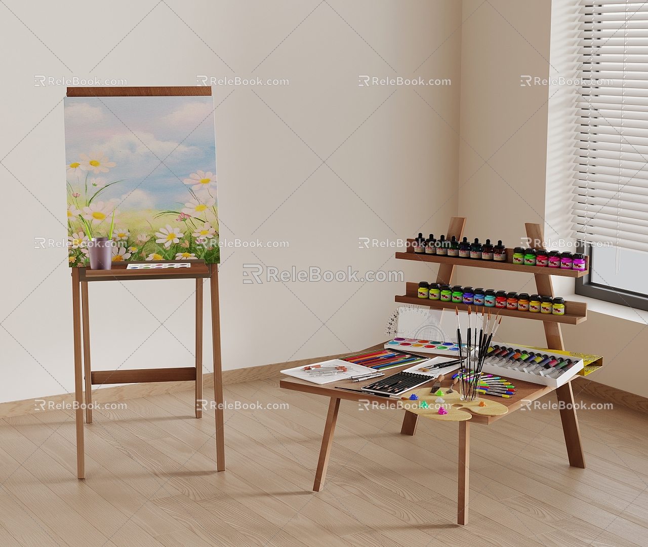 Modern children's easel art supplies brush paint 3d model