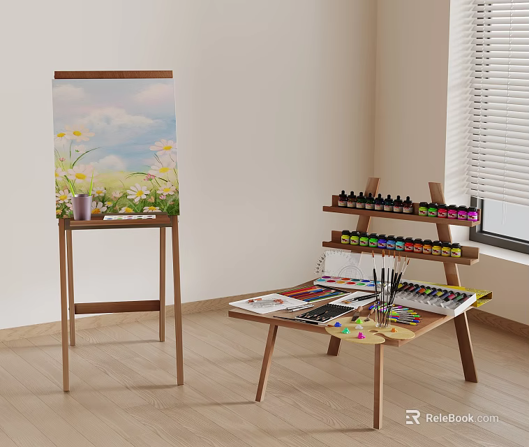 Art Easel Setup With Painting Paintbrushes Palette And Colorful Paints 3d model 