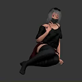 Anime Style Character With Gray Hair Mask Black Top Red Skirt Sitting On Gray Background
