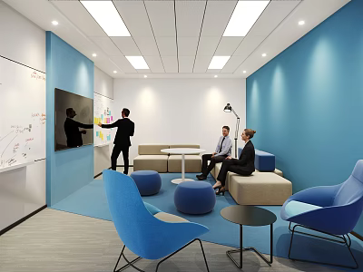 Modern Lounge Area with Interactive Screen Blue Walls Beige Sofa Blue Chairs and Ottomans 3d model