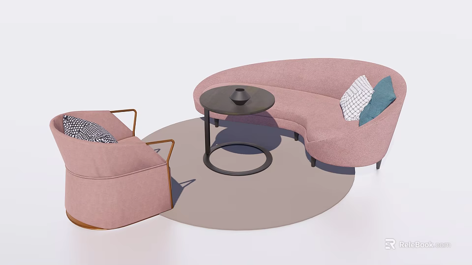Modern Pink Curved Sofa and Round Coffee Table Set with Decorative Pillows 3d model
