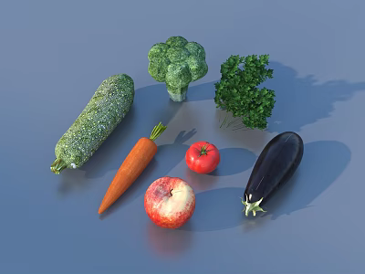 Fresh Assorted Vegetables and Fruits with Carrot Apple Tomato Broccoli Eggplant Cucumber and Parsley 3d model