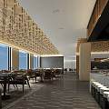 Modern Restaurant Interior Featuring Wooden Ceiling Large Windows Open Layout Dining Tables Chairs And Buffet 3d model