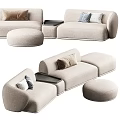 Modern Beige Fabric Sofa Set With Comfortable Pillows Ottoman And Side Table Modules 3d model