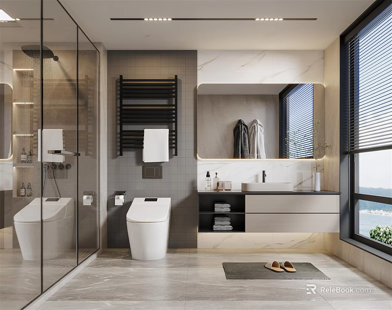Modern Bathroom Interior Design With Glass Shower Smart Toilet Marble Countertop And Vanity 3d model 