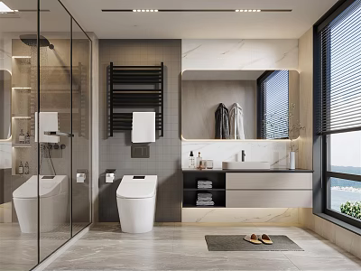 Modern Bathroom Interior Design With Glass Shower Smart Toilet Marble Countertop And Vanity 3d model