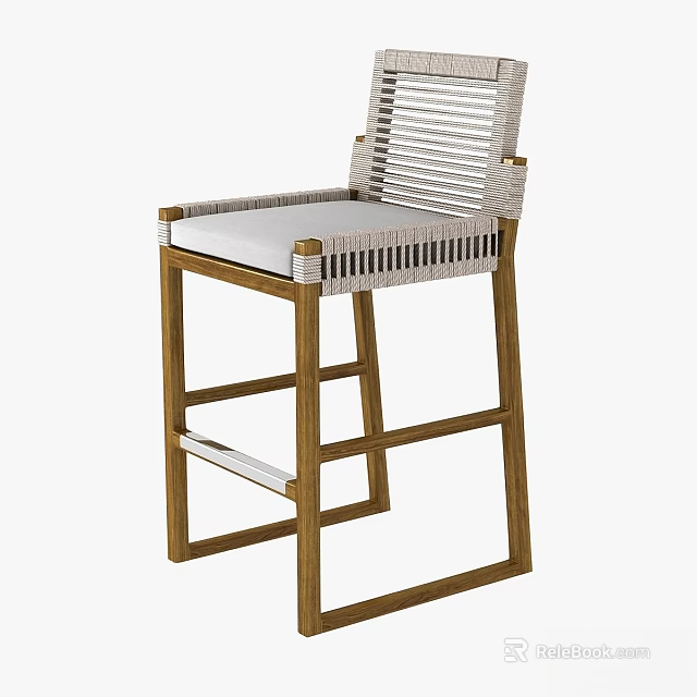 Stylish Bar Stool With Woven Backrest And Wooden Frame White Cushioned Seat 3d model 