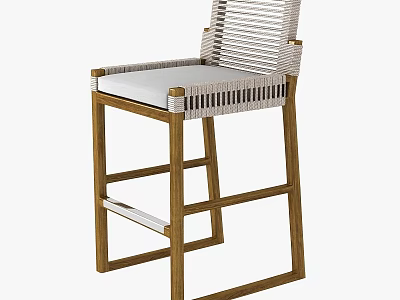 Stylish Bar Stool With Woven Backrest And Wooden Frame White Cushioned Seat 3d model