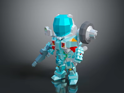 Low Poly Block Style Robot Character With Blue Armor Red Yellow Accents And Weapon Arm 3d model