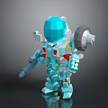 Low Poly Block Style Robot Character With Blue Armor Red Yellow Accents And Weapon Arm