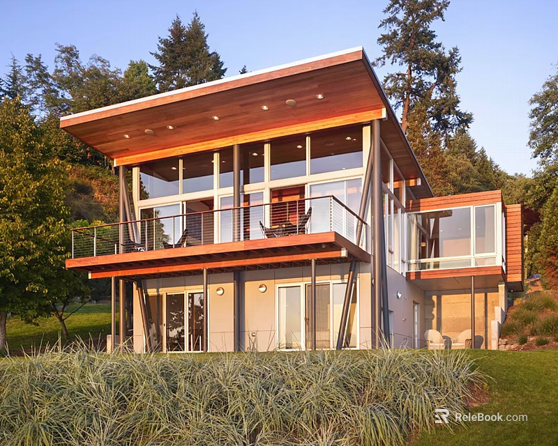 Modern Detached Villa Featuring Large Glass Windows Second Floor Balcony Sloped Roof And Green Surroundings 3d model 