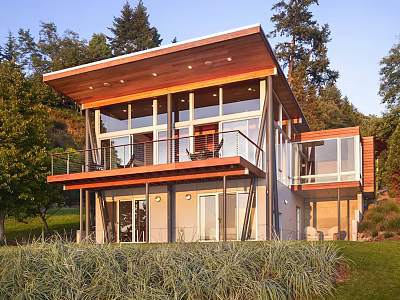 Modern Detached Villa Featuring Large Glass Windows Second Floor Balcony Sloped Roof And Green Surroundings 3d model
