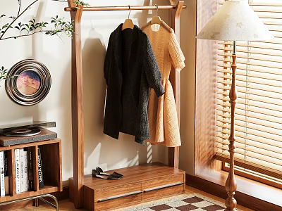 Wooden Clothes Rack With Hanging Coats Storage Drawer Bookshelf And Table Lamp 3d model