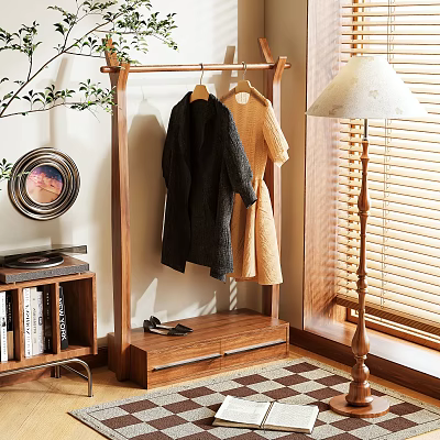 Wooden Clothes Rack With Hanging Coats Storage Drawer Bookshelf And Table Lamp 3d model