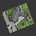 Cartoon Scene of Charming Building with Bell Tower Gray Roof Green Lawn and Small House