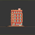 Vibrant Red Hotel Building With Multiple Floors Windows Hotel Sign And Striped Awning
