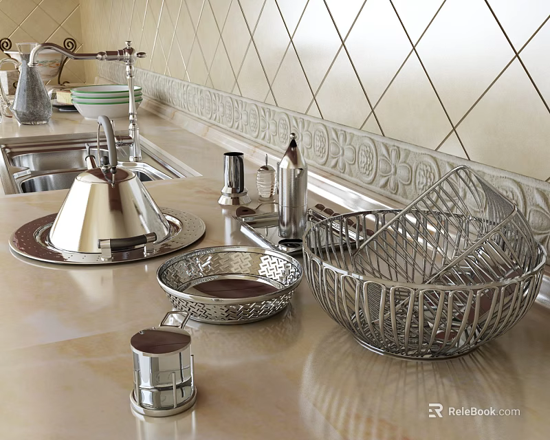 Stainless Steel Kitchenware With Wire Basket Plates And Cups On Kitchen Countertop 3d model 