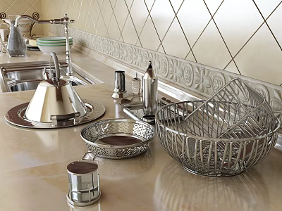 Stainless Steel Kitchenware With Wire Basket Plates And Cups On Kitchen Countertop 3d model