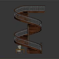 Elegant Wooden Spiral Staircase Design With Metal Railings Chair And Small Table