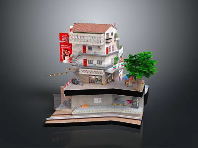 Model Building Multi Level With Red Roof White Walls And Tree Display Structure 3d model
